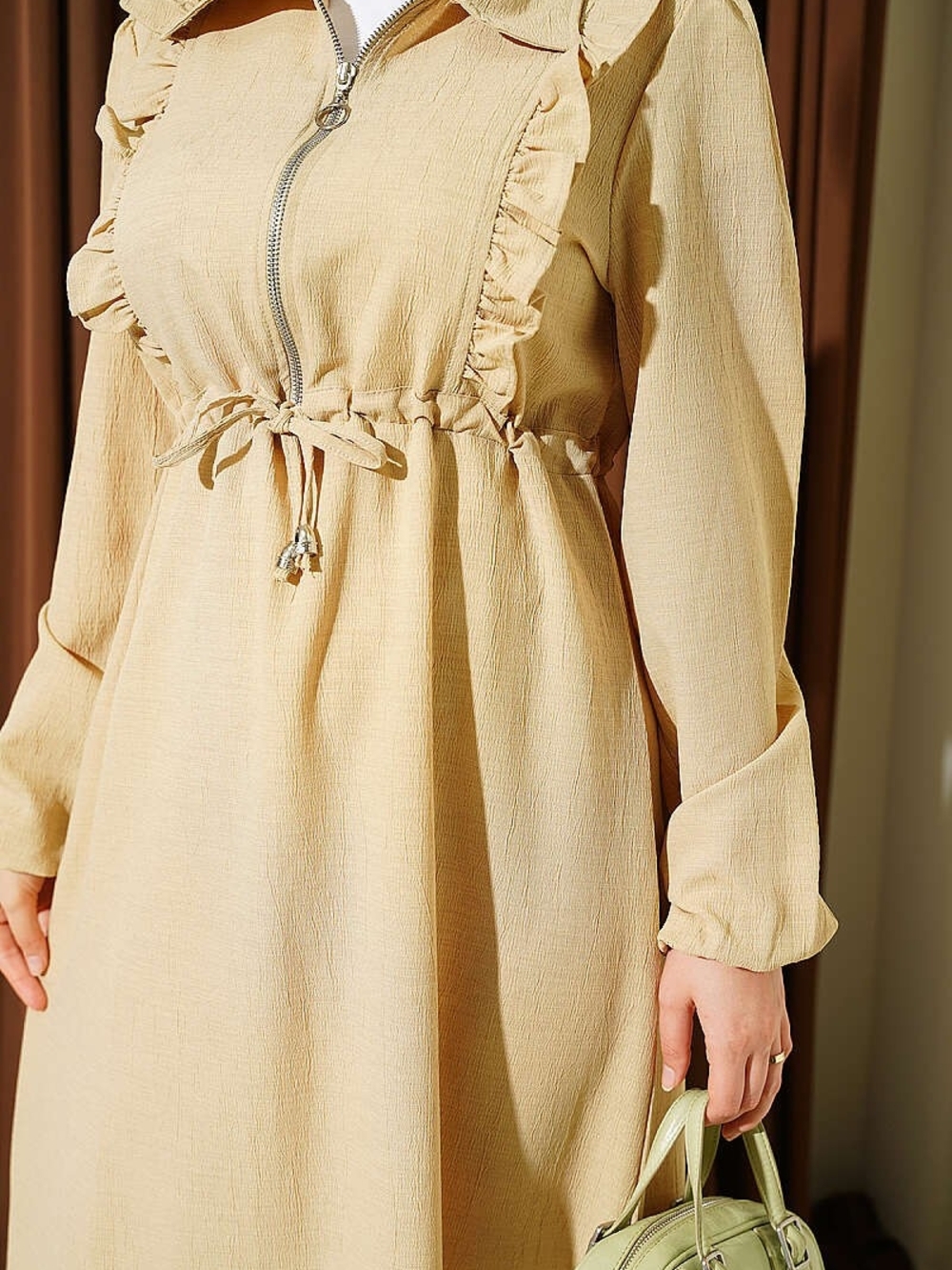 Modest Beige Ruffle-Trim Zip-Front Maxi Dress - Picture 3 of 5